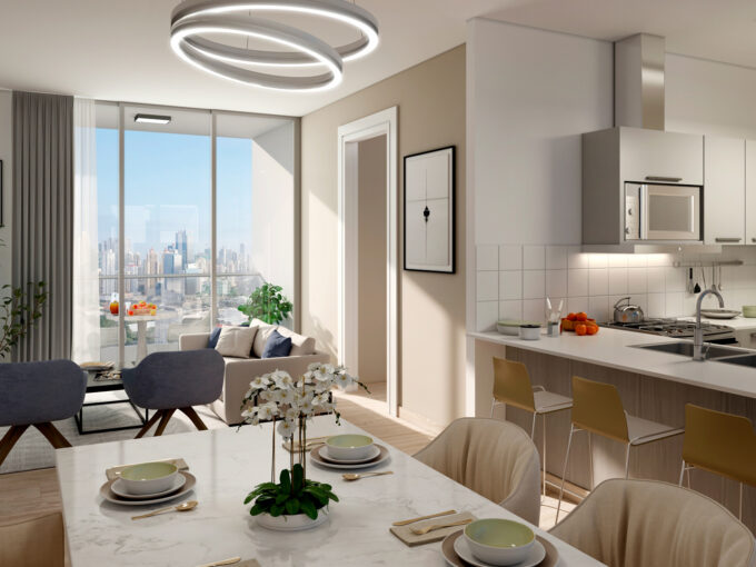 Image of the living room with table and chairs in this condo for sale in Aurora