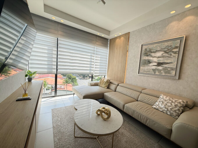 Image of living space with couch, table and window in this condo for sale in Coco Place
