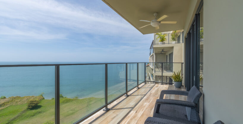Image of balcony with ocean views in this condo for sale in Punta Caelo